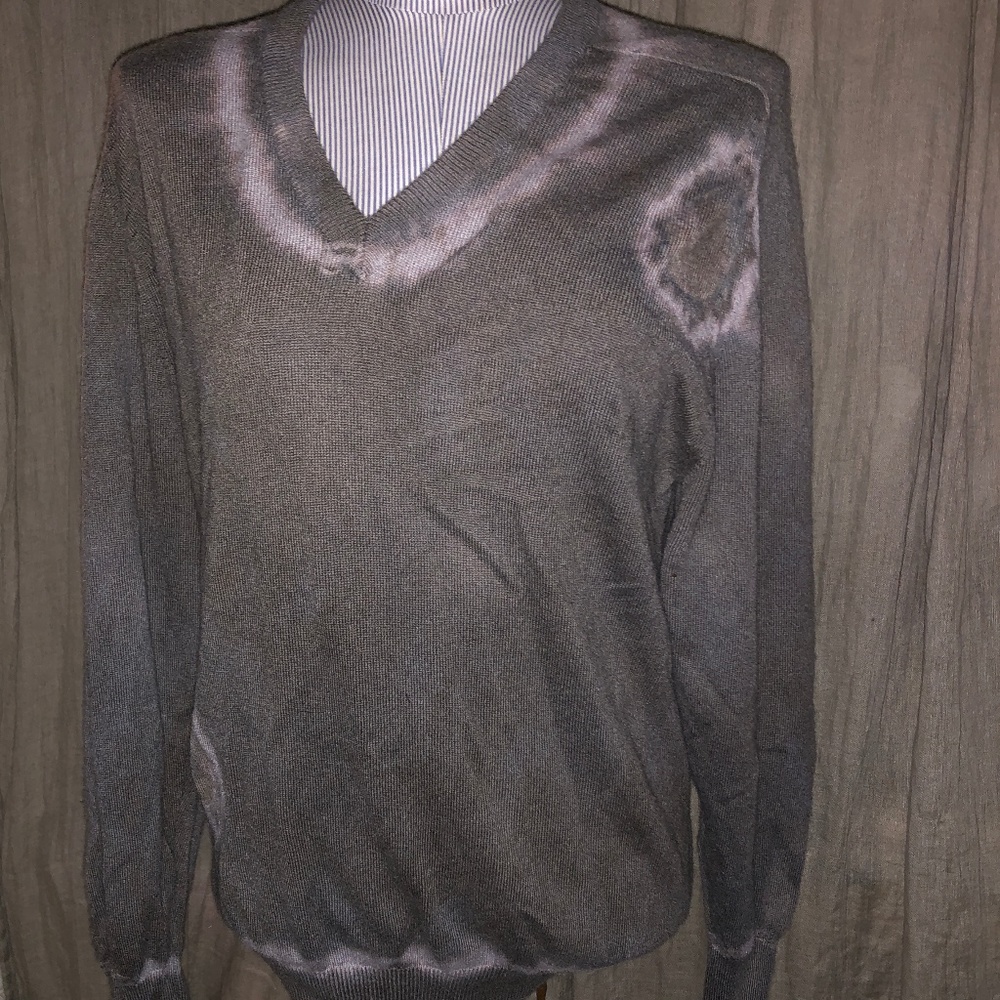 ERDOS LUXURY Hand Dyed taupe shibori rings CASHMERE v-neck L one of a kind